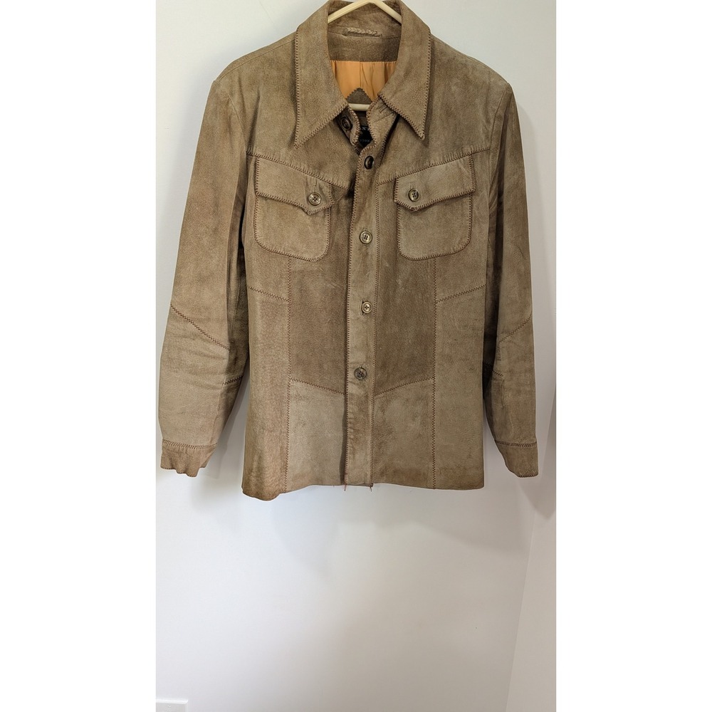 Vintage 70s Suede Patchwork Safari Jacket Tan Leather Zig Zag Stitch Boho Small